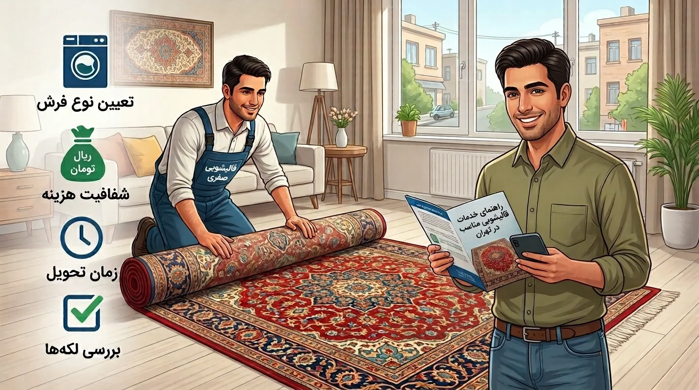 تصویرسازی از دو مرد در یک اتاق نشیمن؛ یکی از آن‌ها با لباس کار قالیشویی، فرشی با طرح ایرانی را روی زمین پهن می‌کند و دیگری با پیراهن سبز، در حال خواندن بروشور راهنما و استفاده از گوشی موبایل است. در سمت چپ تصویر، آیکون‌هایی برای تعیین نوع فرش، شفافیت هزین