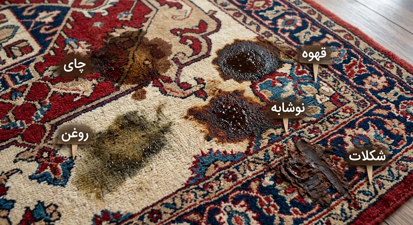لکههای رایج روی فرش مانند چای قهوه روغن و شکلات